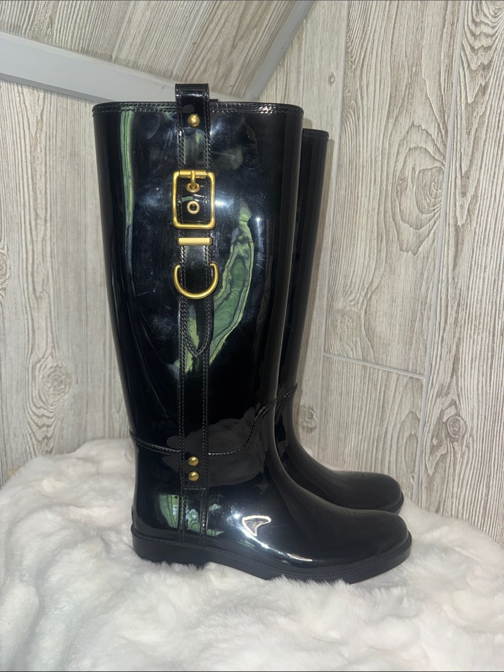 Coach Tasha Black Patent Tall Rain Boots with Gold Accent